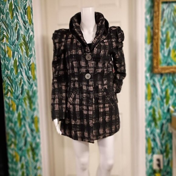 Samuel Dong Black & Mauve Plaid Coat S With Puff Sleeves  Button Front - Picture 3 of 11